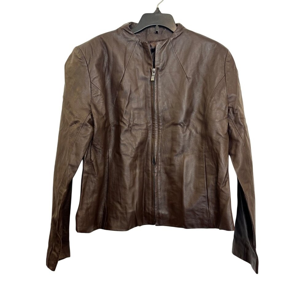 Vintage Usa Leather Womens XL Brown Genuine Leather Jacket Zip Front Moto Style